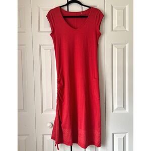 Toad&Co Red Organic Cotton Modal V-Neck Ruched Midi Dress Women Small Eco Pocket